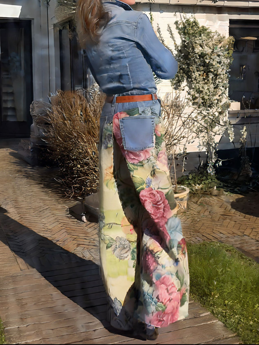 Denim Patchwork Printed High Waist Pants