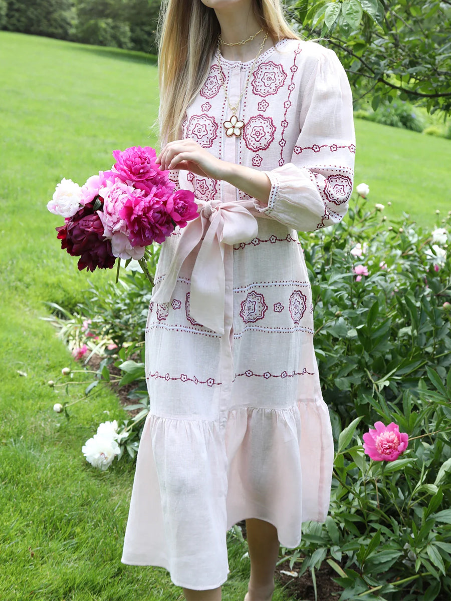 Floral Embroidery Belted Maxi Dress