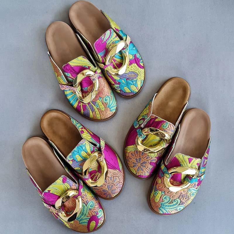 Printed Metal-Embellished Flat-Bottom Slippers