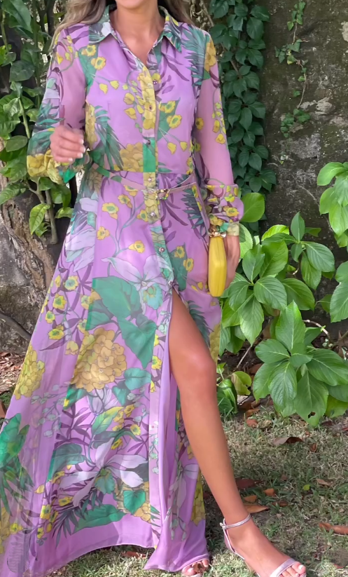 Demure Chiffon Floral Shirt Dress