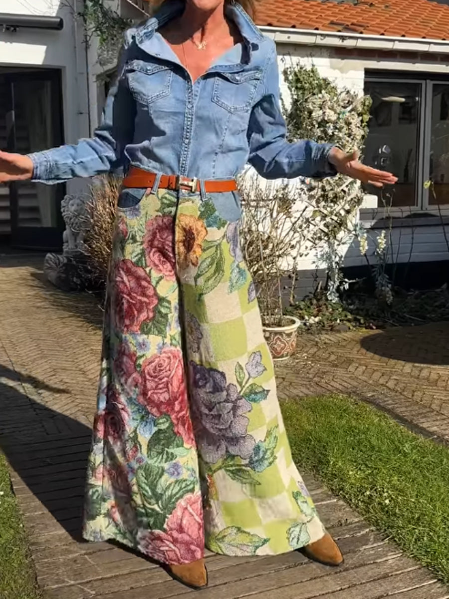 Denim Patchwork Printed High Waist Pants