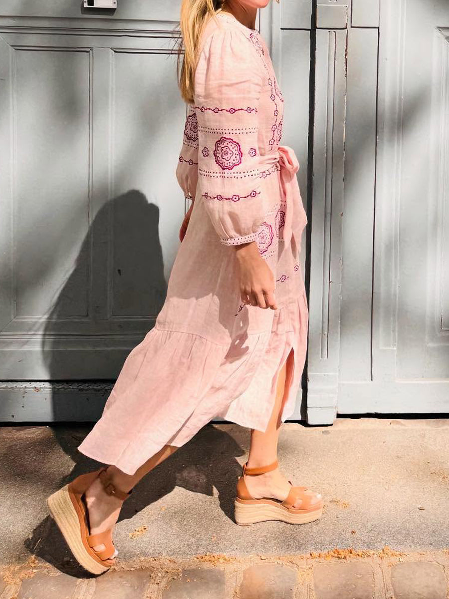 Floral Embroidery Belted Maxi Dress