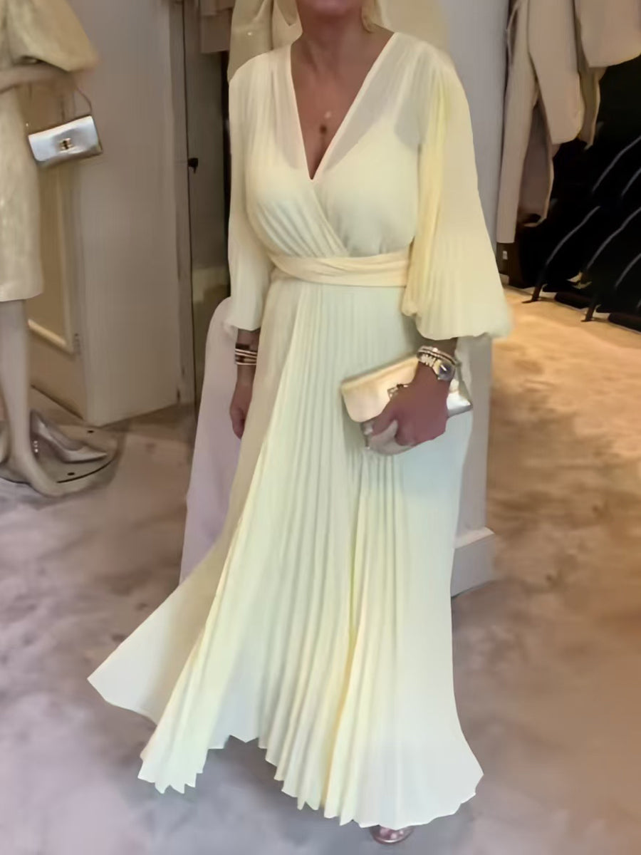 Deep V Neck Pleated Dress