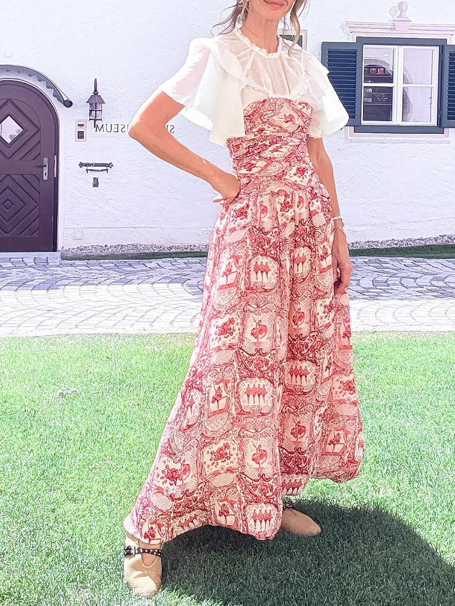 Red Printed Dress With Ruffled Collar