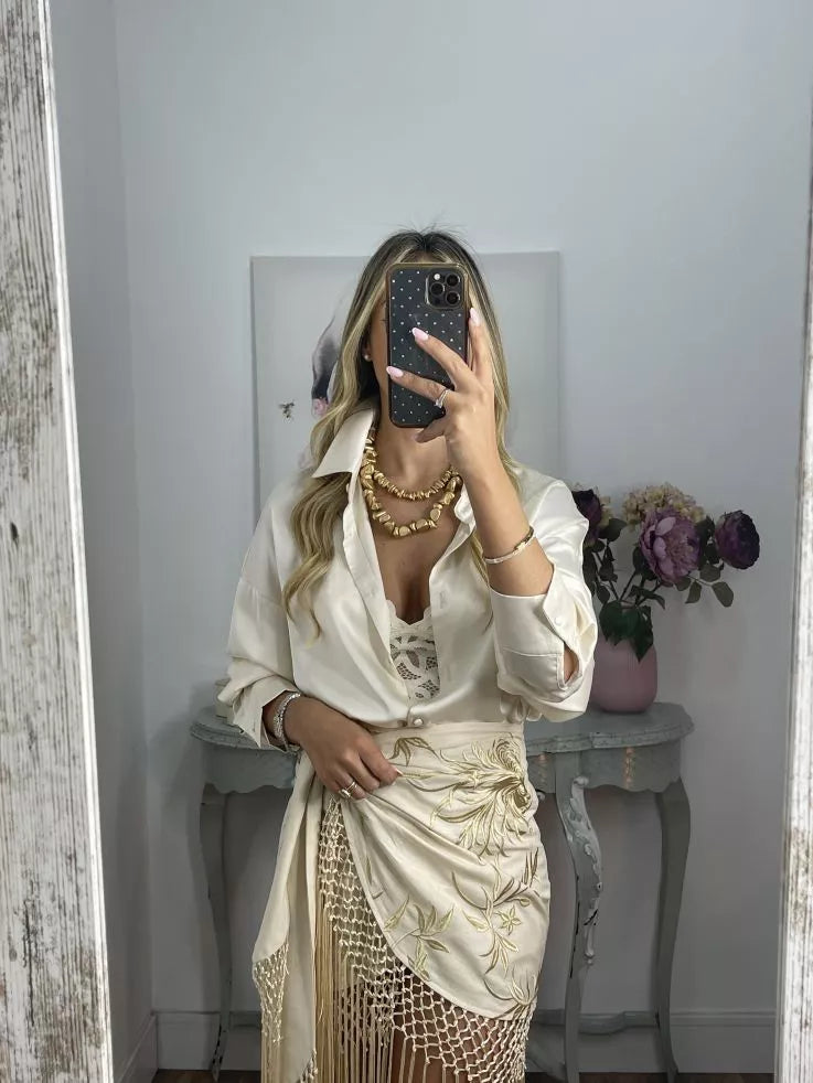 Beige Embroidered Skirts With Fringes