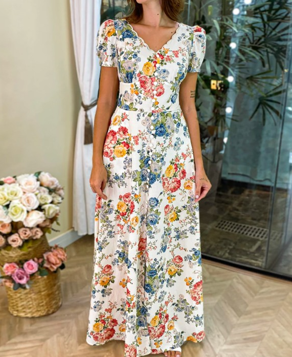 Floral Print V Neck Puff Sleeve Maxi Dress A-Line Flowy Casual Dress With Pockets