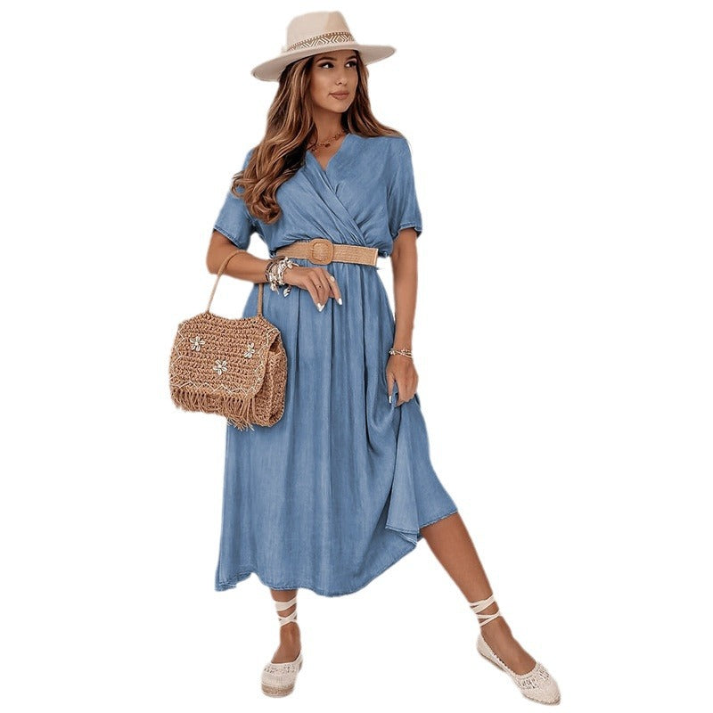 Short-Sleeve V-Neck Tight Solid Color Dress