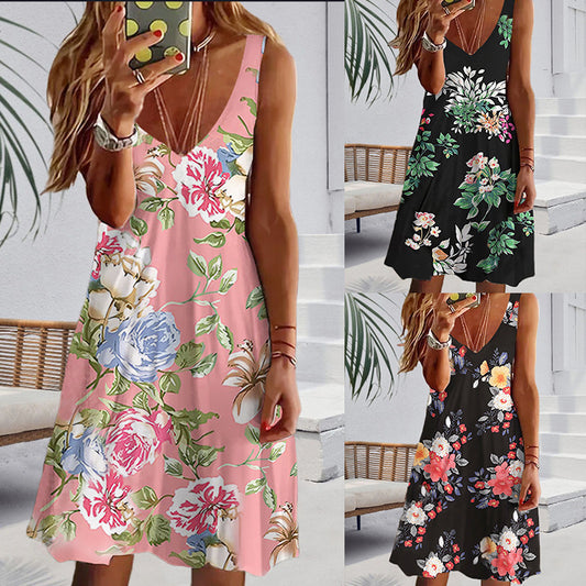 Casual v-neck flowered sleeveless dress