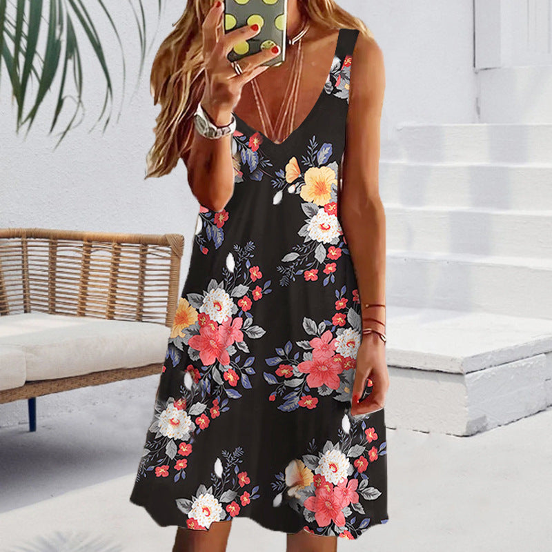 Casual v-neck flowered sleeveless dress