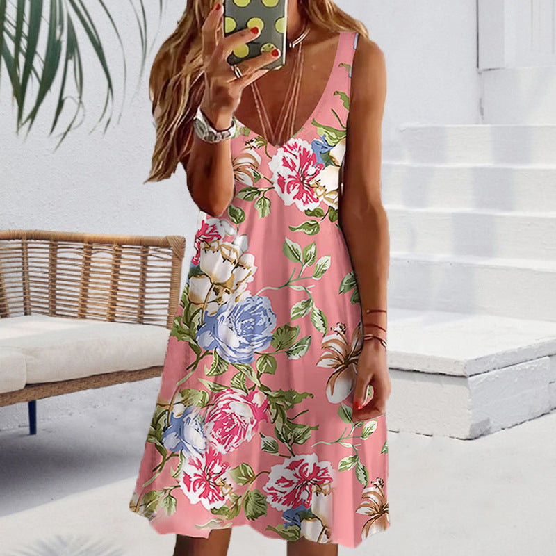 Casual v-neck flowered sleeveless dress