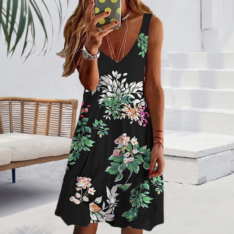 Casual v-neck flowered sleeveless dress