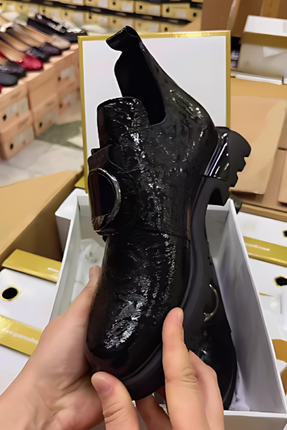 Women's black leather slip-on shoes