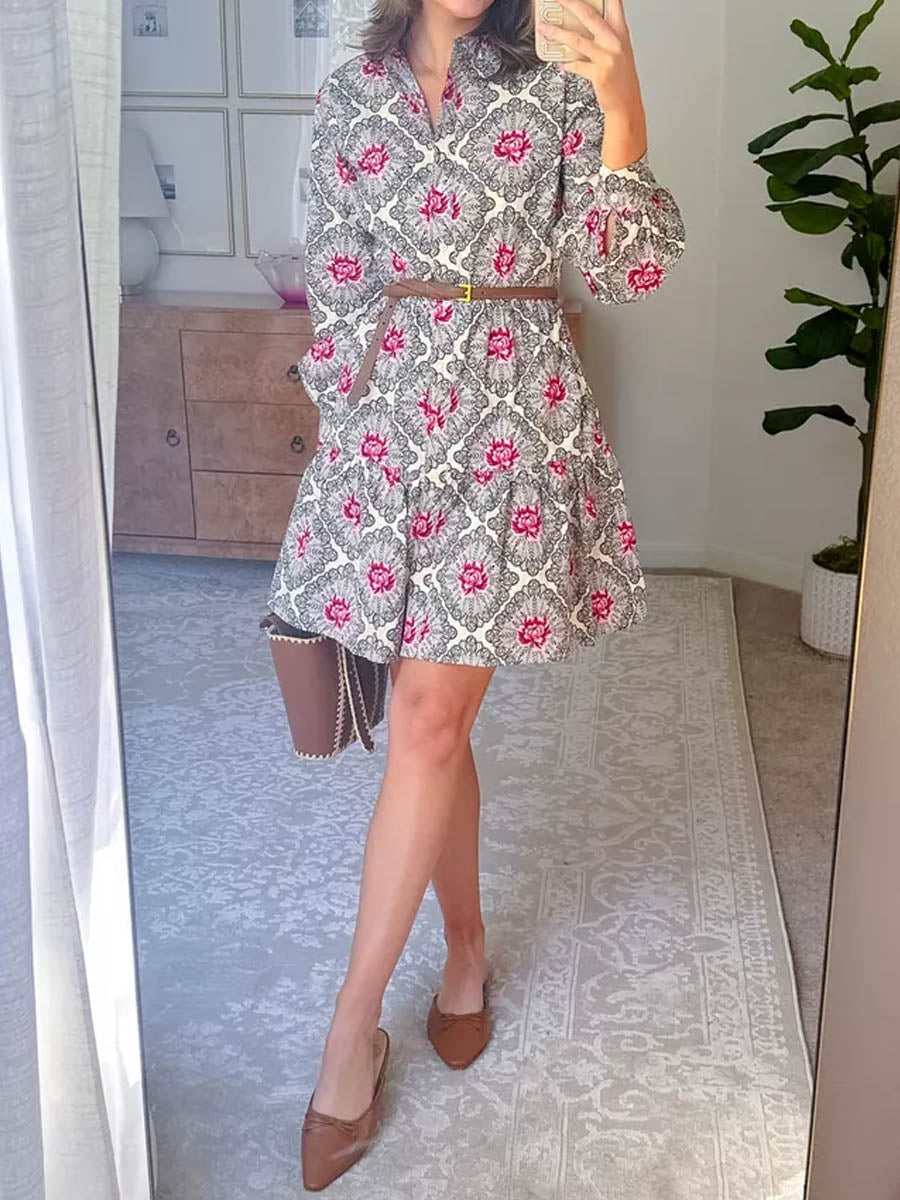 Printed Long Sleeve A-line Mini Dress