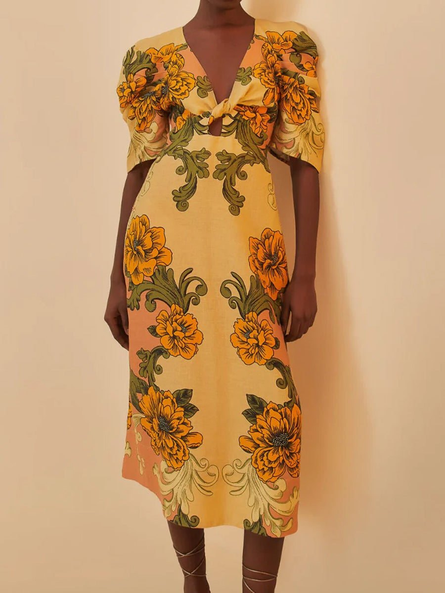 Puff Sleeve V Neck Knotted Printed Dress