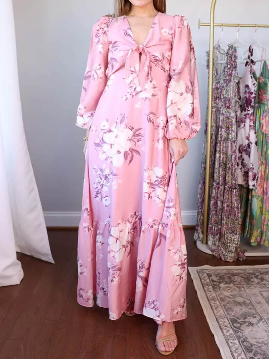 Floral Print Long Sleeve Tie Front Maxi Dress