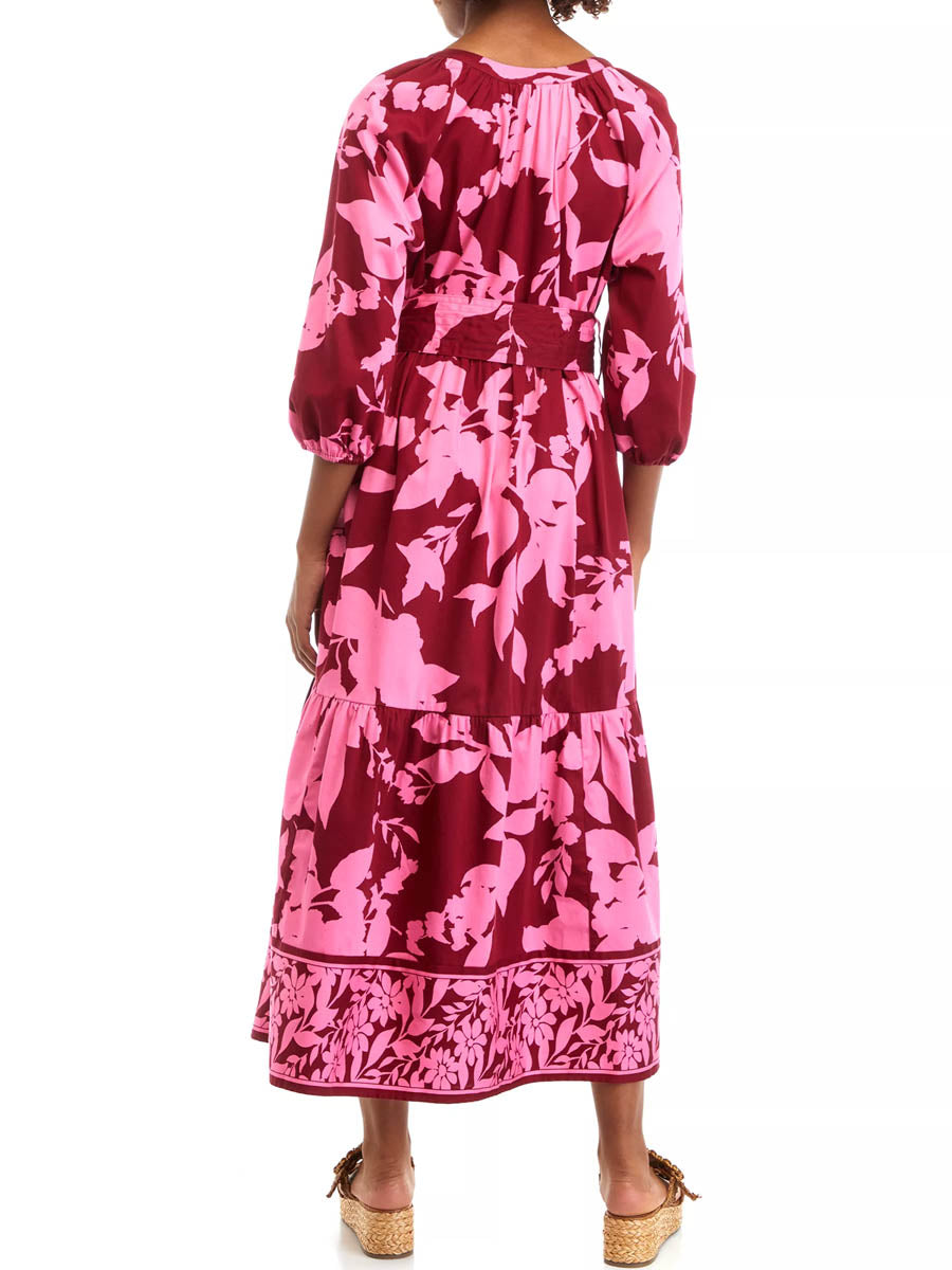 3/4 Sleeve Printed Belted Maxi Dress