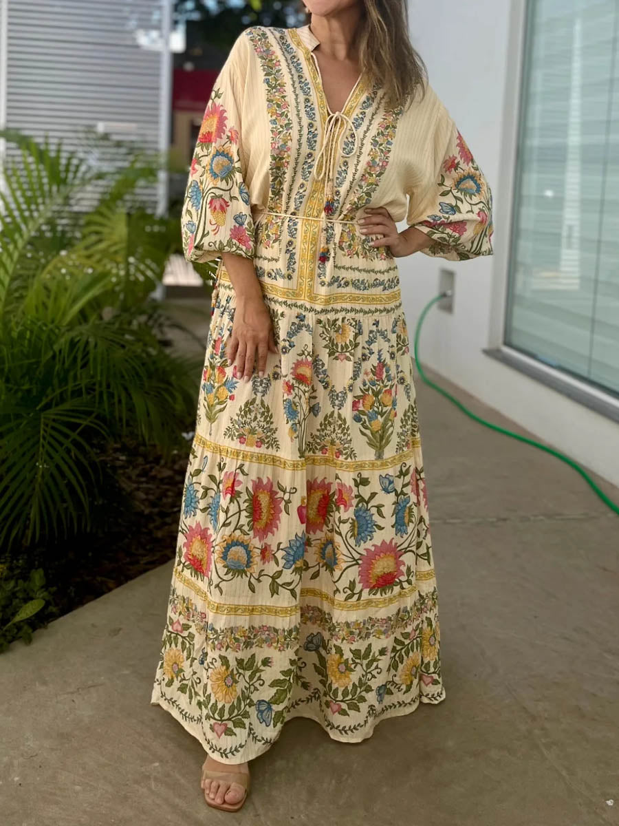 Printed Long Sleeve Tie-waist Maxi Dress