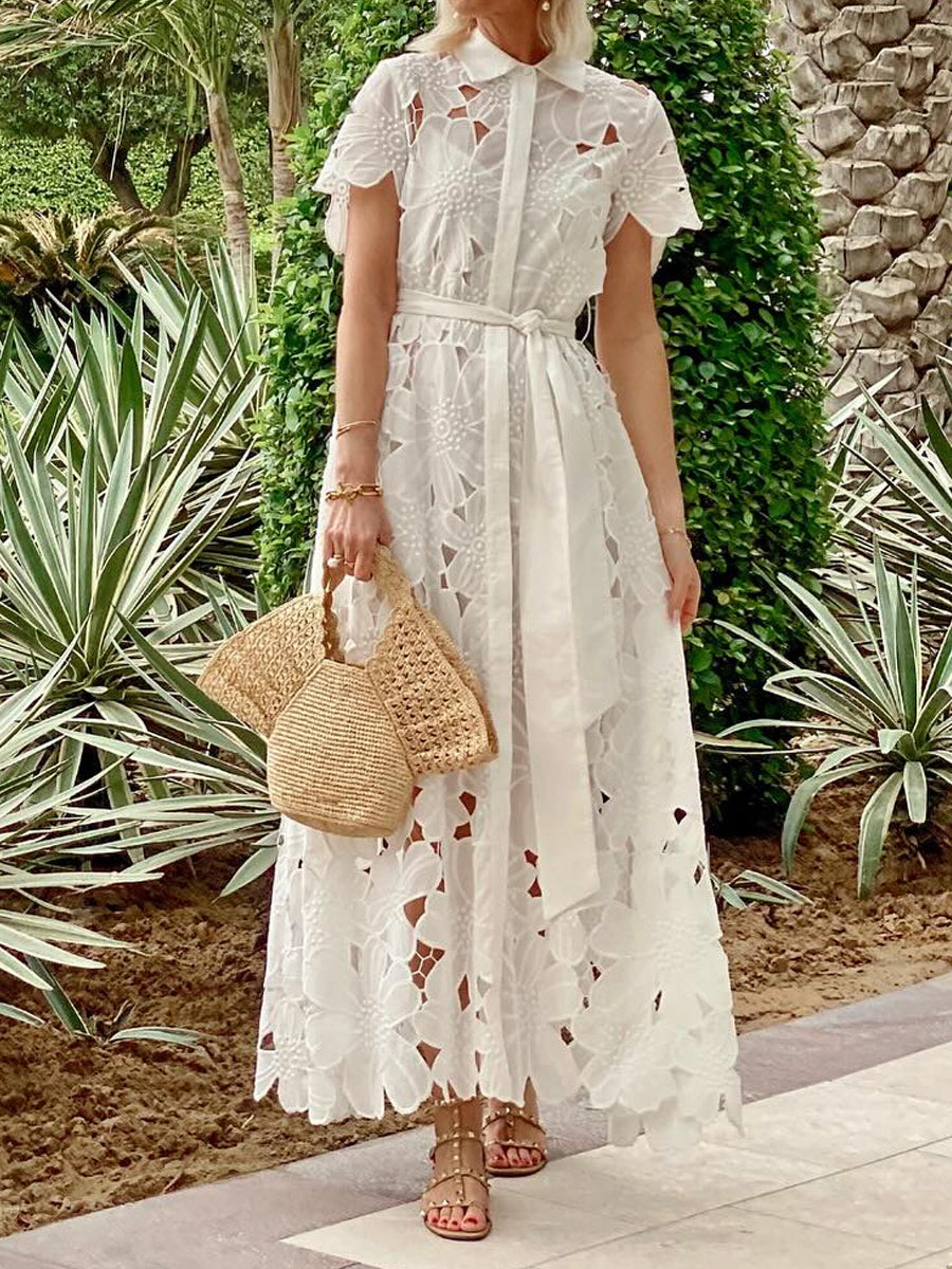 Lace Short Sleeve Belted Maxi Dress