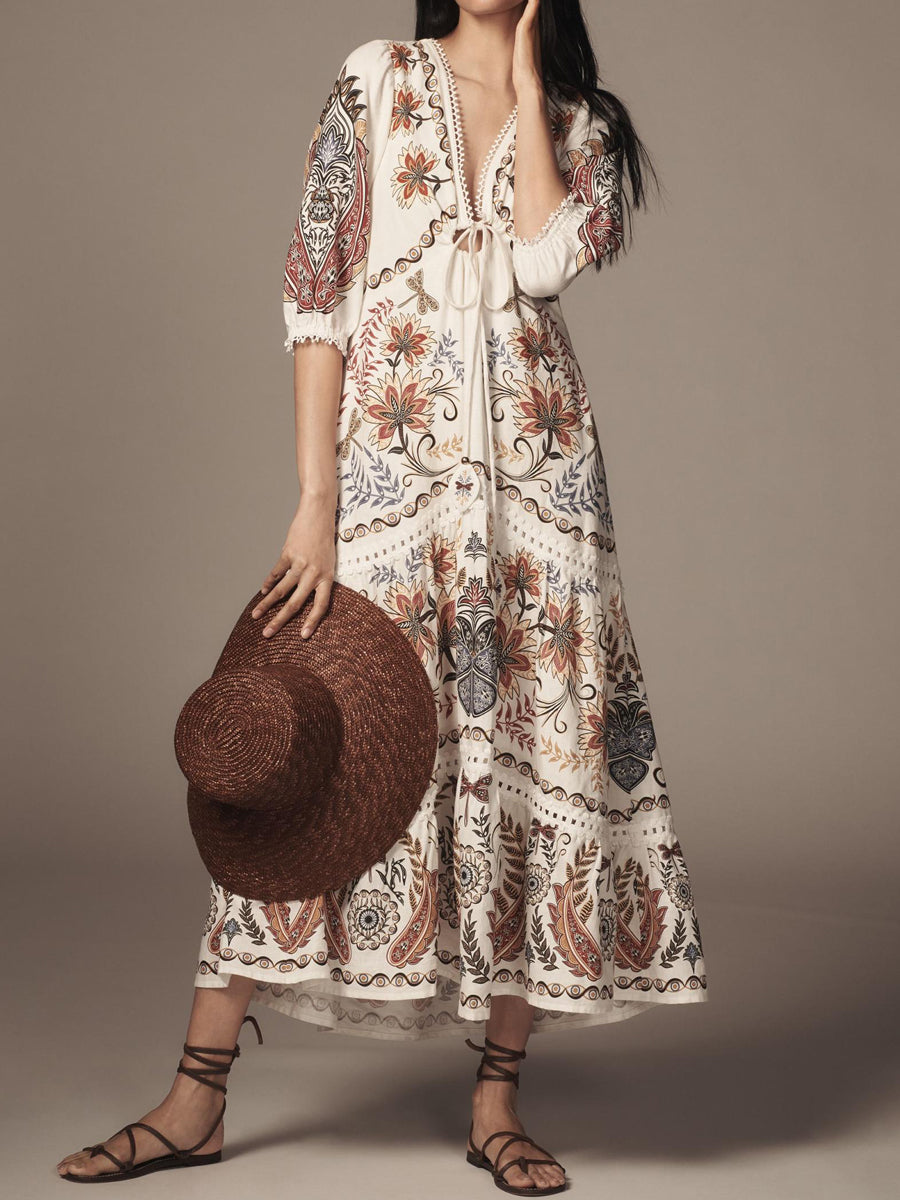 Printed V Neck Tie Up Maxi Dress