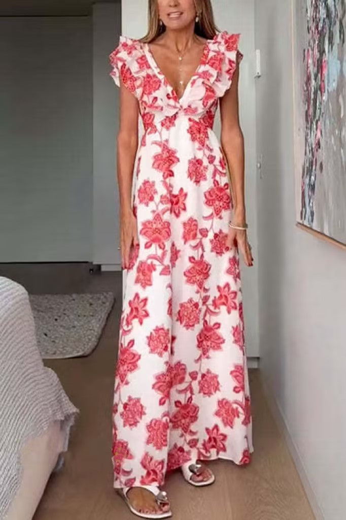 Ruffle V Neck Tie Back Floral Print Maxi Dress