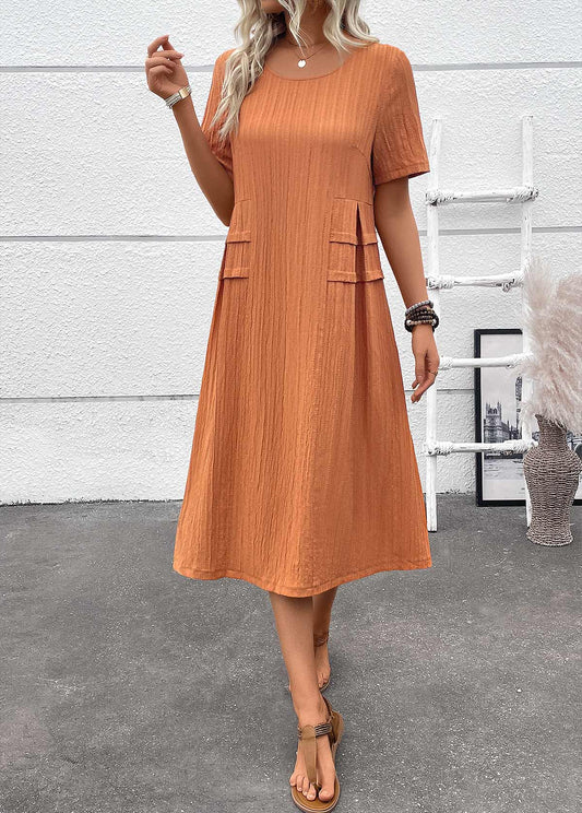 Terracotta Patchwork A Line Short Sleeve Round Neck Dress