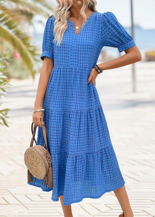 Blue Button Short Sleeve Split Neck Dress