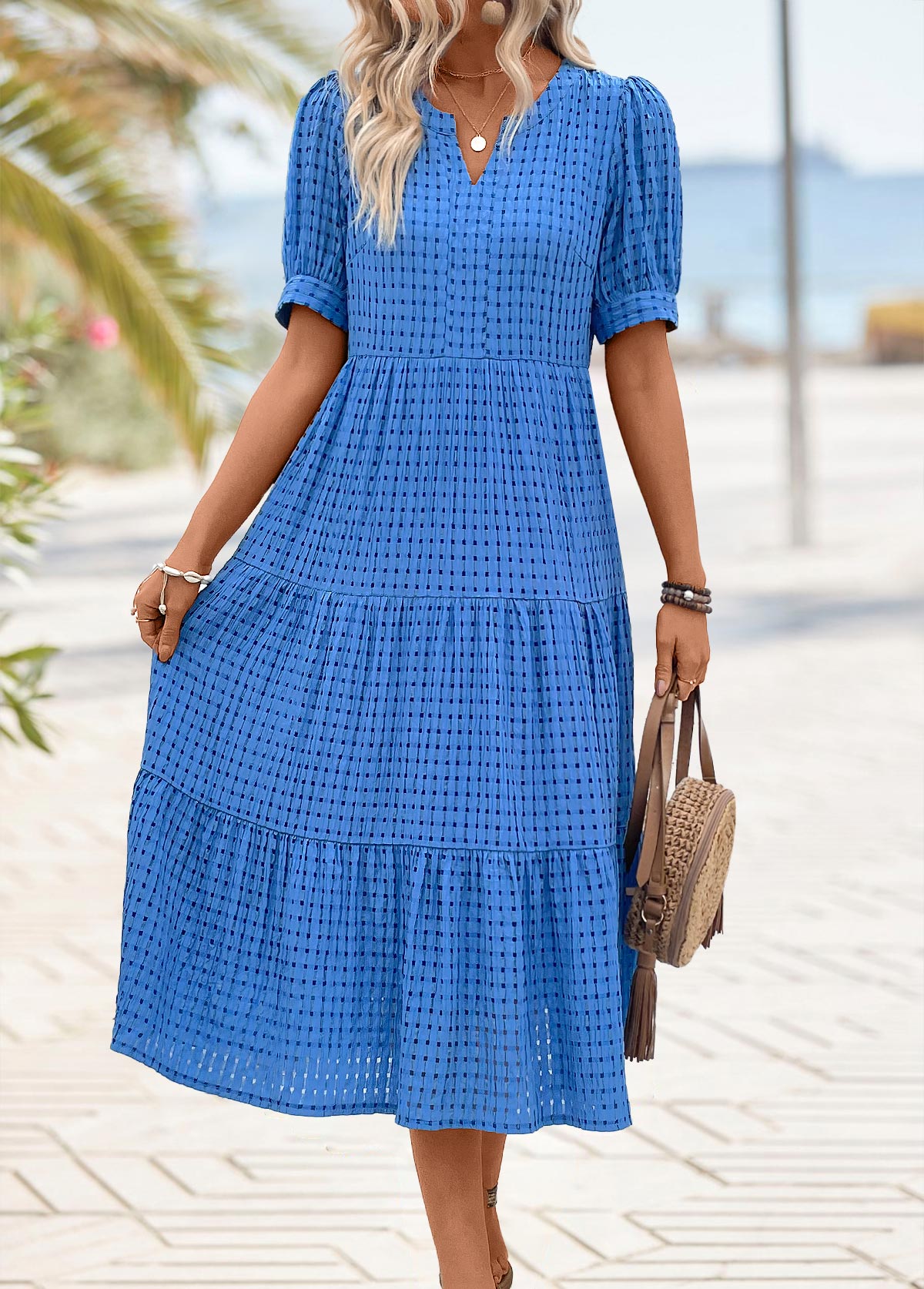 Blue Button Short Sleeve Split Neck Dress