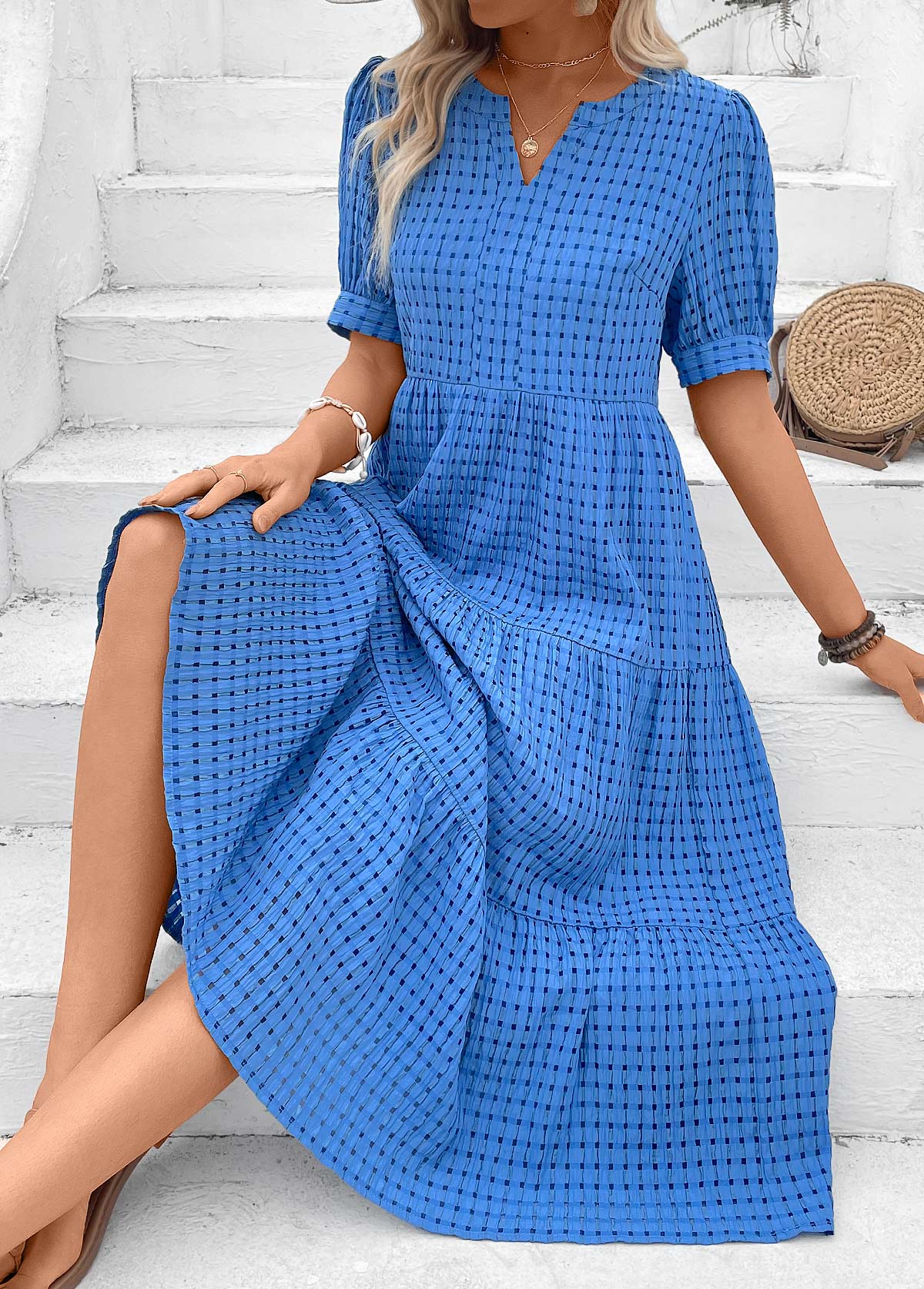 Blue Button Short Sleeve Split Neck Dress