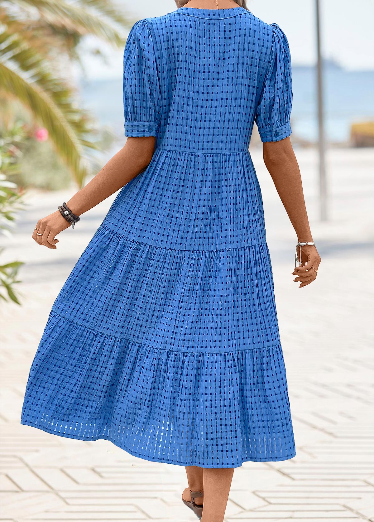 Blue Button Short Sleeve Split Neck Dress