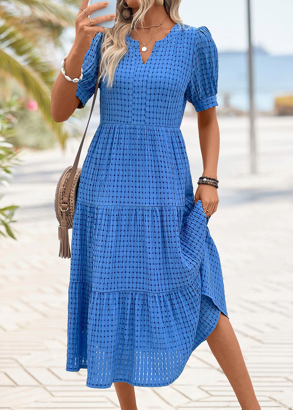 Blue Button Short Sleeve Split Neck Dress