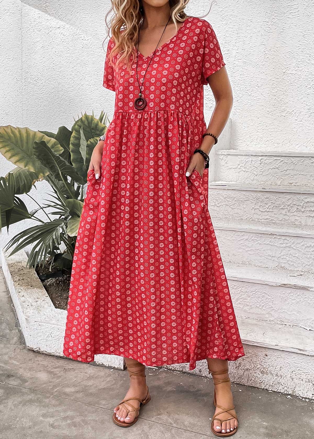 Red Pocket Geometric Print Maxi A Line Dress