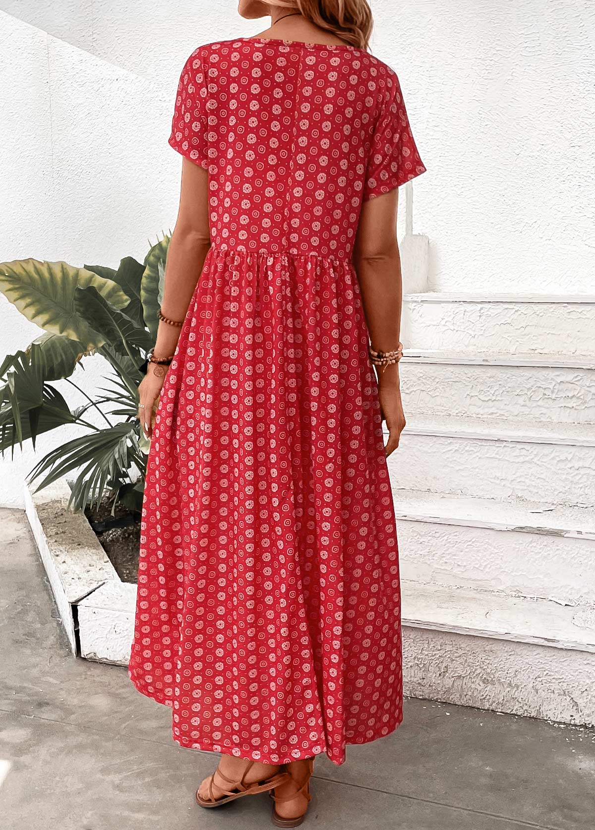 Red Pocket Geometric Print Maxi A Line Dress