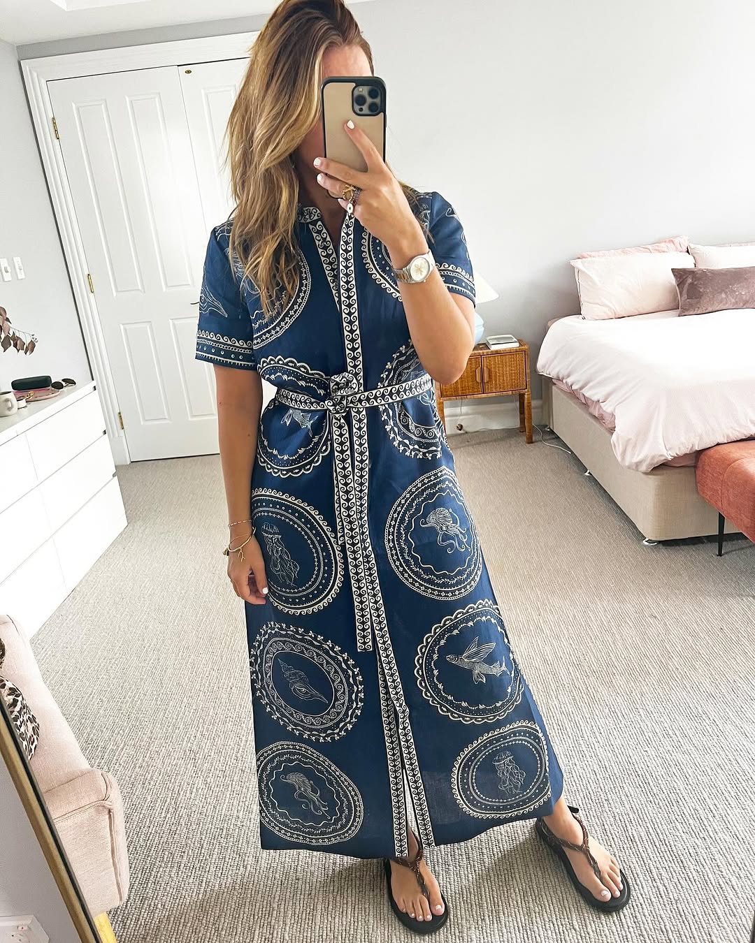 Blue Lace-Up Print Dress