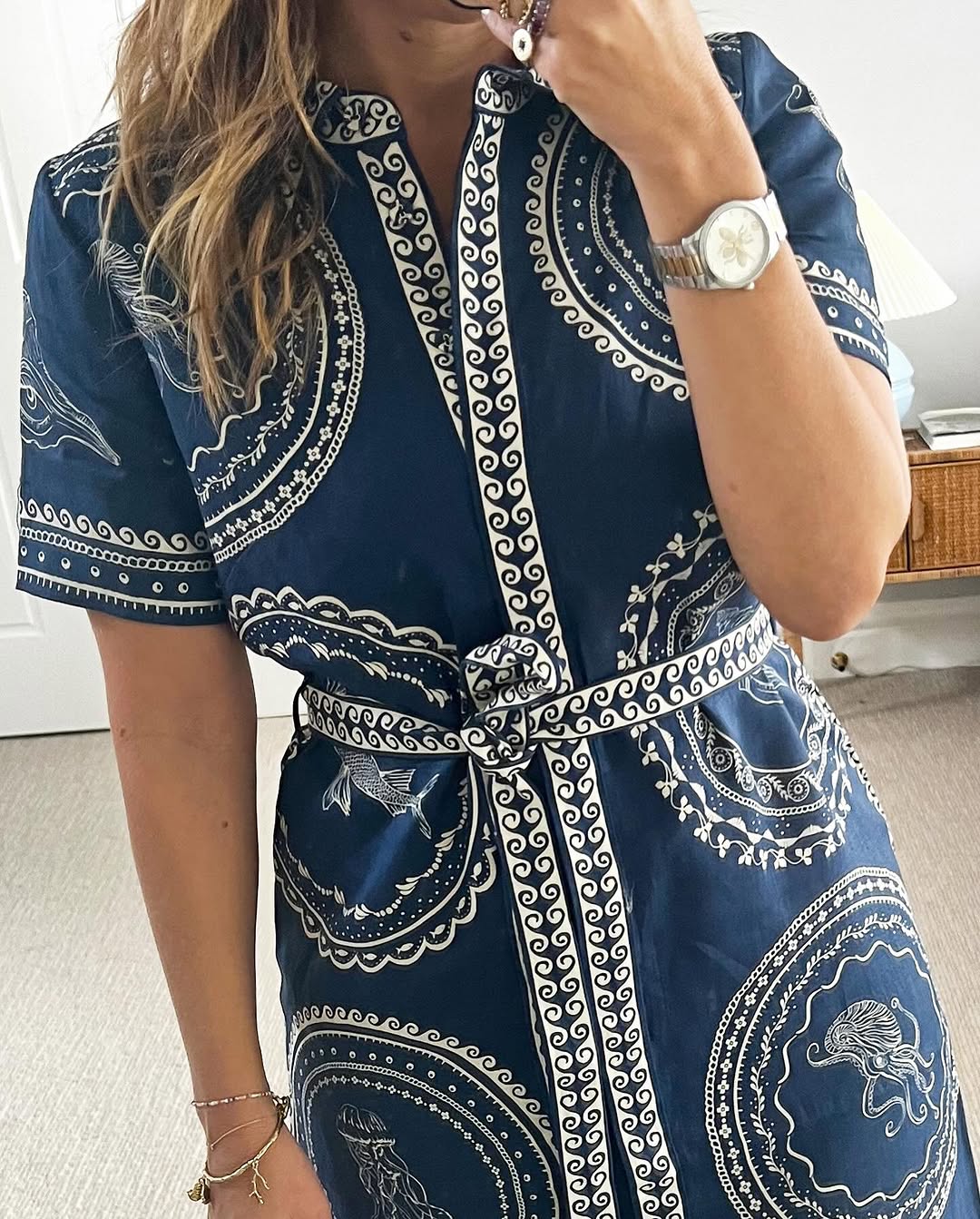 Blue Lace-Up Print Dress