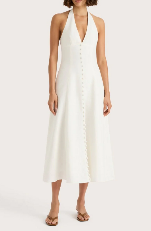 White V-neck Midi Dress