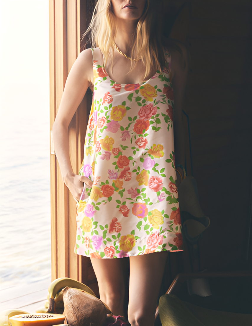 New Spring Summer Flower Print Mini Dress In Cream