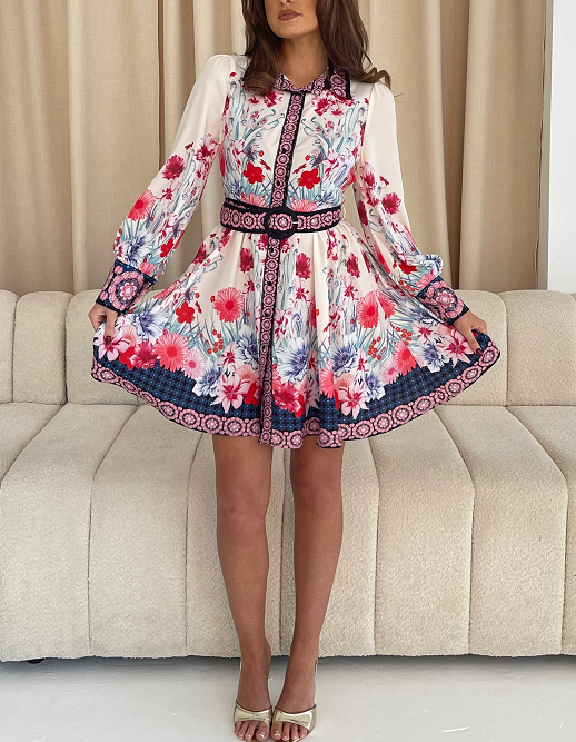 Contrast Placket Floral Shirt Mini Dress