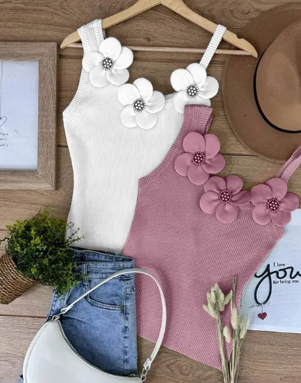 Solid 3D Flower Asymmetrical Casual Ribbed Knit Camisole(BUY 2 SAVE 10%🔥)