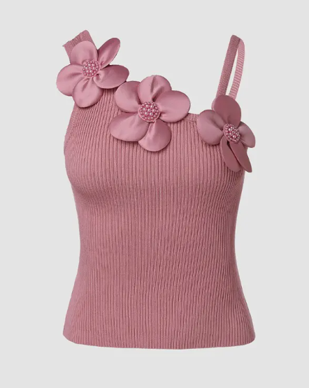 Solid 3D Flower Asymmetrical Casual Ribbed Knit Camisole(BUY 2 SAVE 10%🔥)