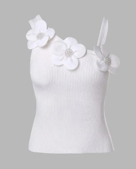 Solid 3D Flower Asymmetrical Casual Ribbed Knit Camisole(BUY 2 SAVE 10%🔥)
