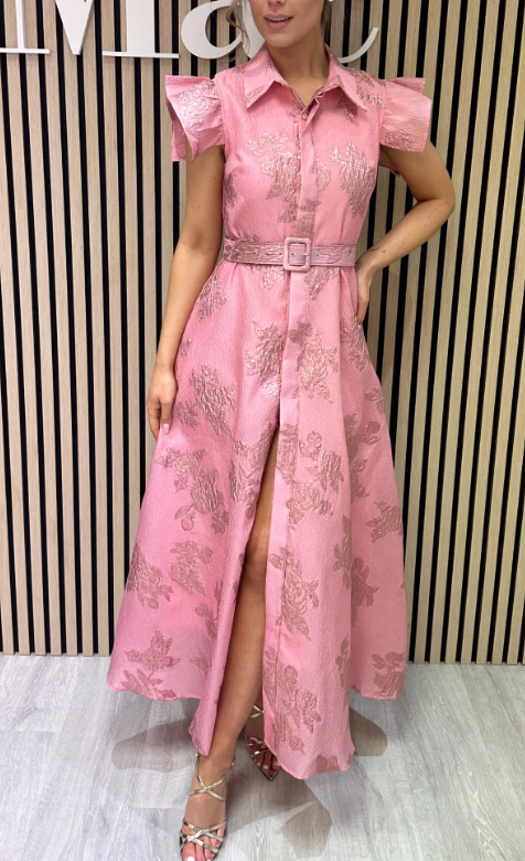 Luxury pink jacquard dress with frill sleeve