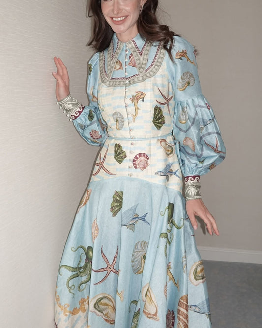 Blue Ocean Print Shirt Dress