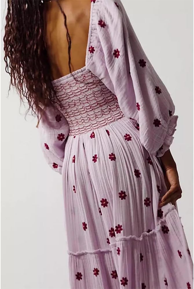 Women Floral Embroidered Maxi Dress with Pockets