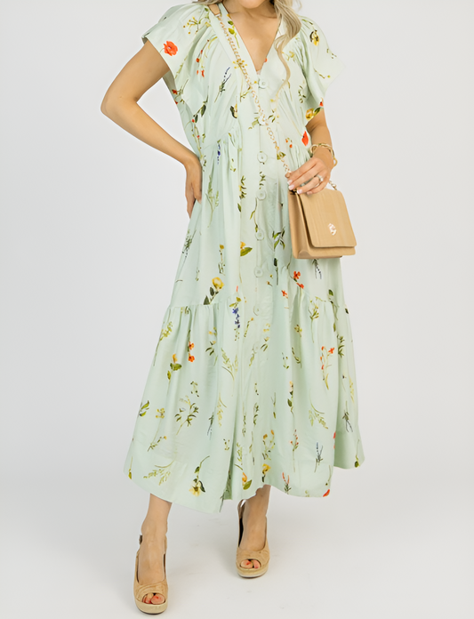 Mint Wild Flower Button Midi Dress