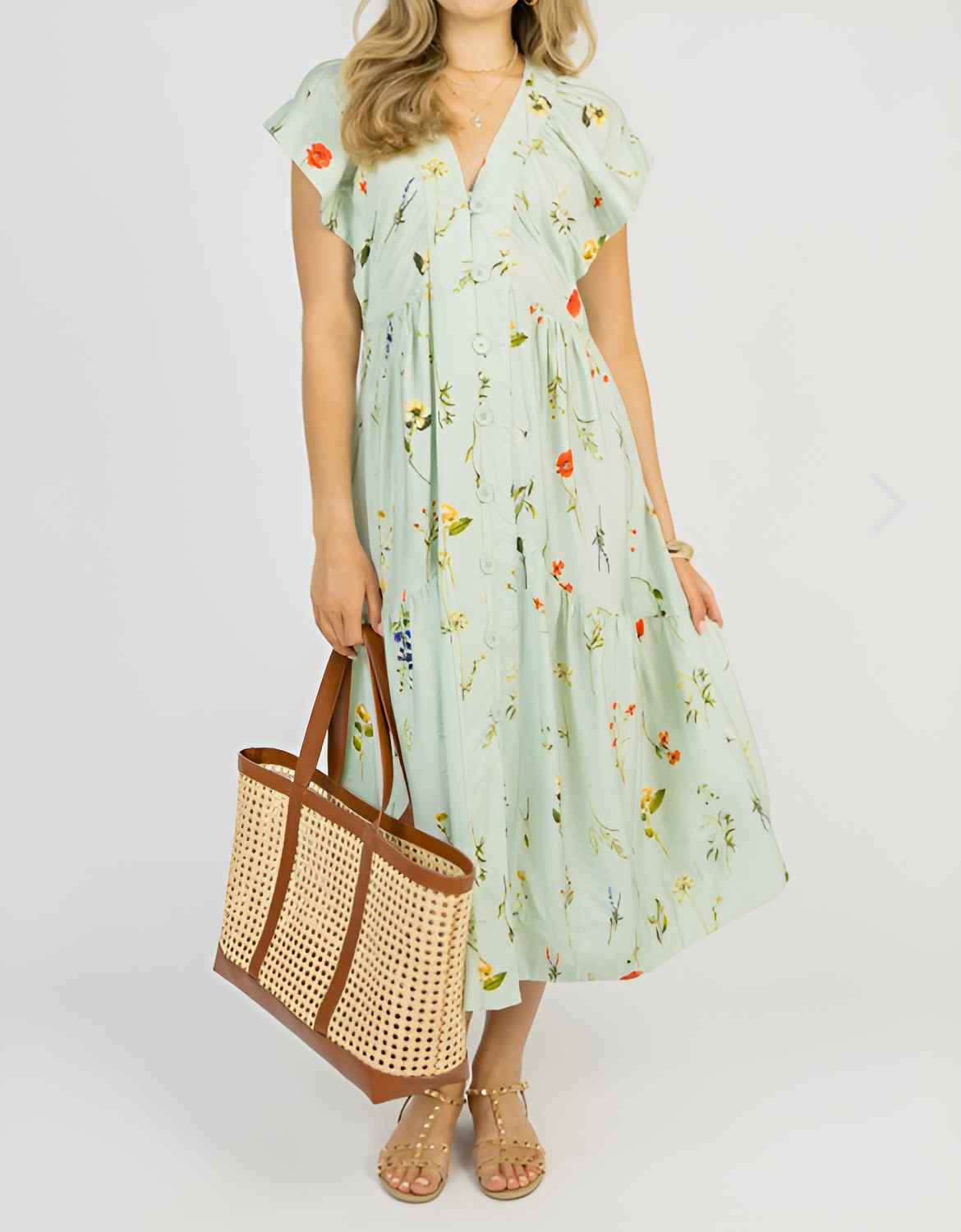 Mint Wild Flower Button Midi Dress