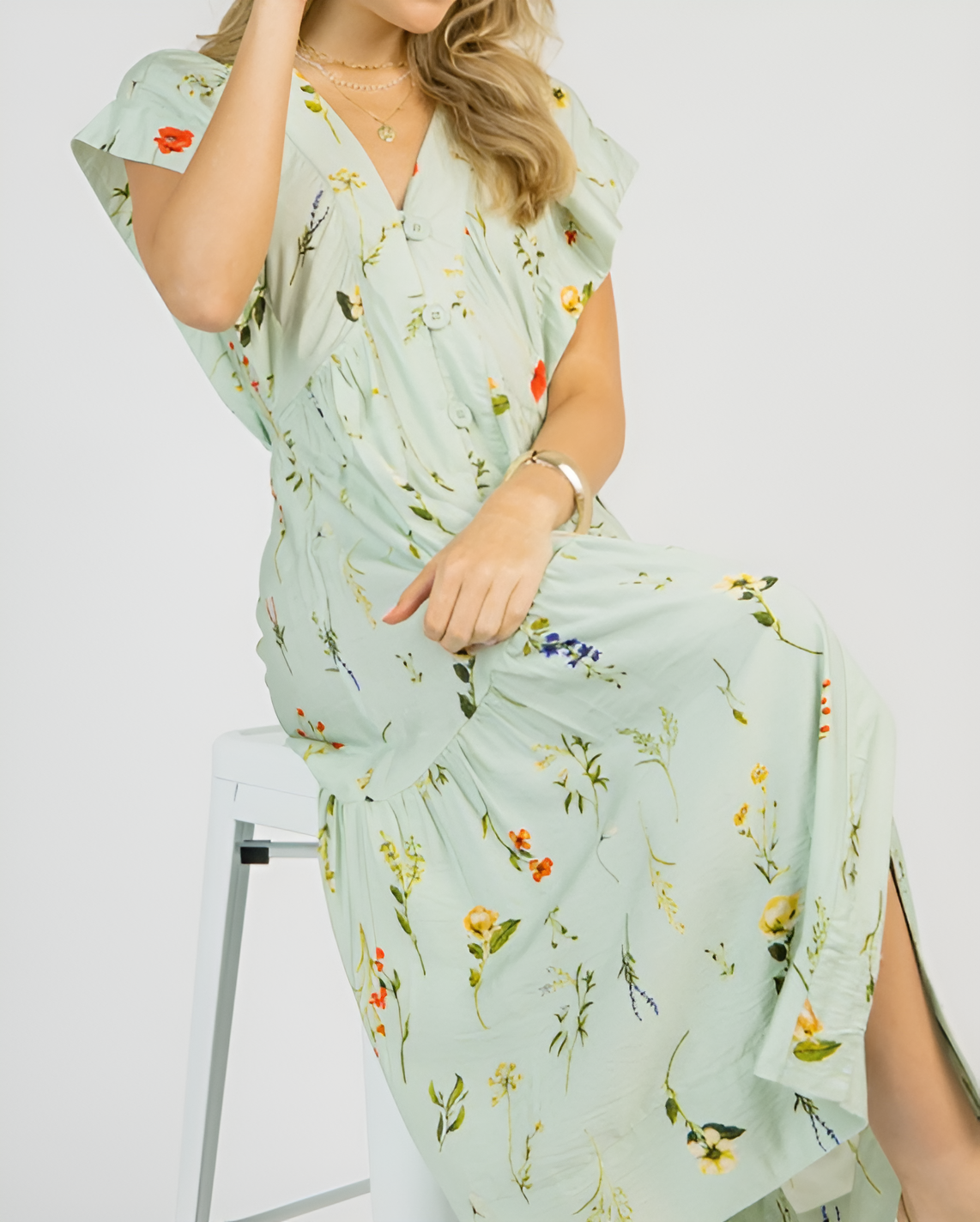 Mint Wild Flower Button Midi Dress