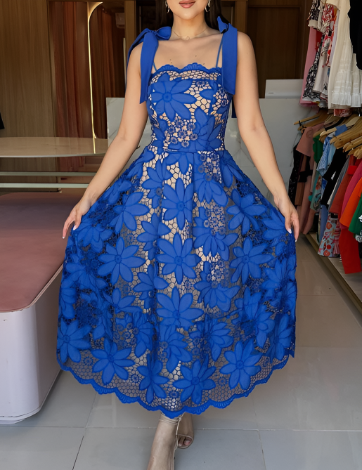 Blue Flower Hollow Lace Dress