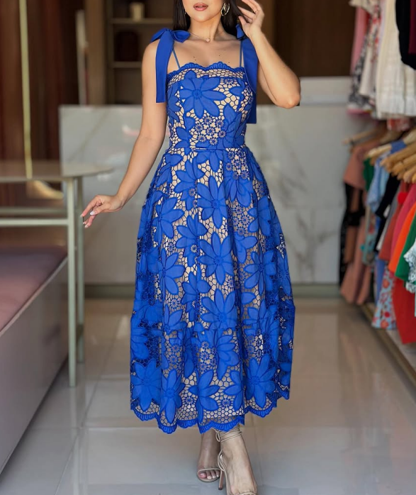 Blue Flower Hollow Lace Dress