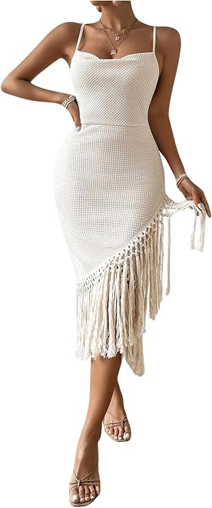 Women's Boho Fringe Hem Pencil Midi Dress