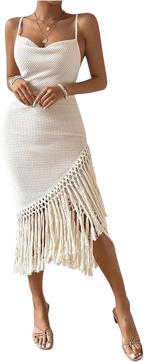 Women's Boho Fringe Hem Pencil Midi Dress